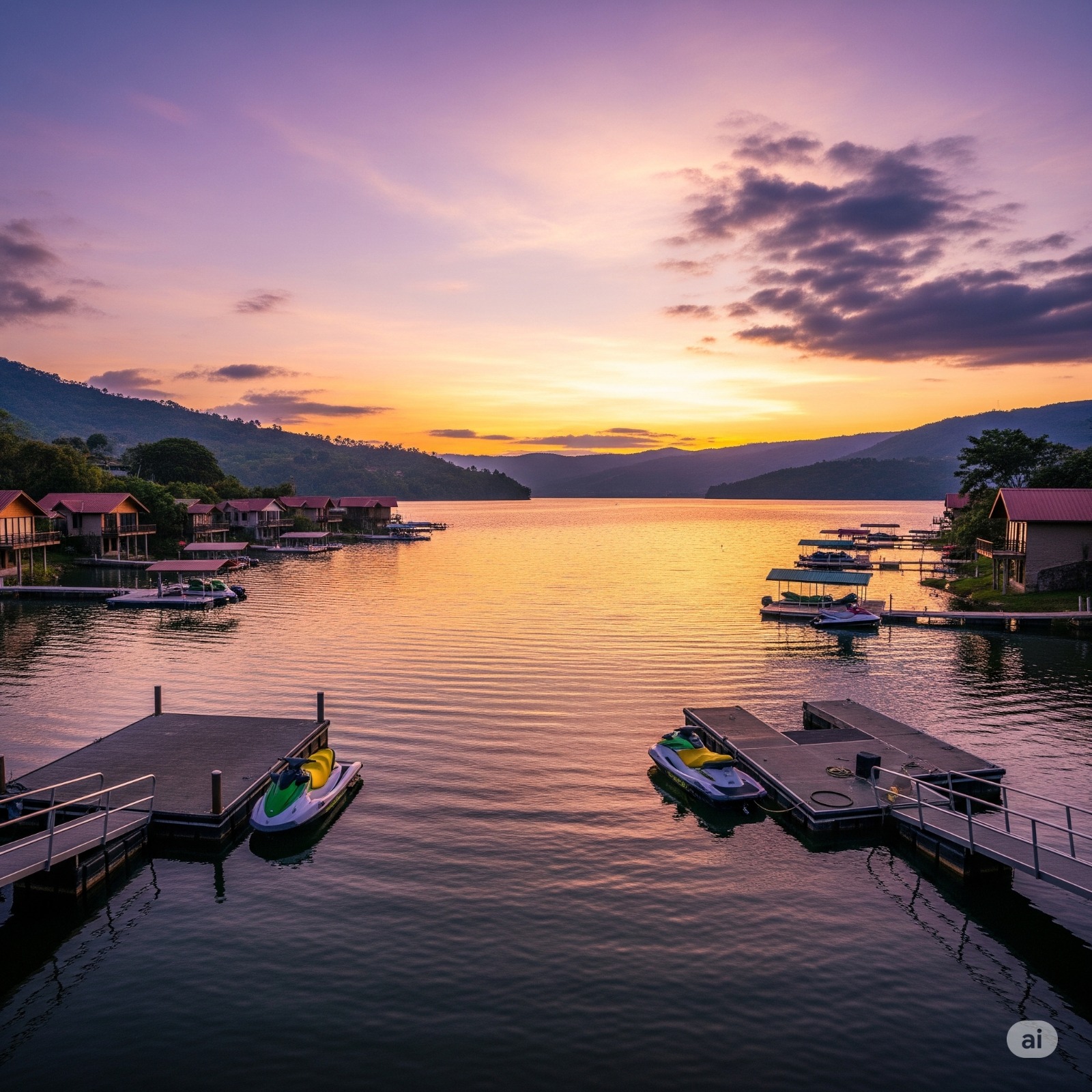 Muelle y casas frente al Lago de Coatepeque al atardecer